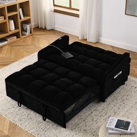 Descriptions: Our Sofa Bed with Pull-Out Bed is a stylish and functional addition to your home. With seating for two, this sofa is upholstered in soft velvet fabric and features waved shape arms with copper nail detailing. Mattress Under Couch, Black Bed Couch, Man Cave Sofa Bed, Black Ikea Sofa Bed, Black Sofa Brd, Pull Out Sleeper Sofa, Loveseat Sofa Bed, Living Room Furniture Styles, Velvet Loveseat