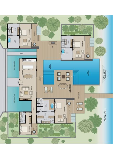 Fiji Vacation, Beach House Flooring, Beach House Floor Plans, Fiji Island, Modern House Floor Plans, Modern Floor Plans, Beachfront House, Courtyard House Plans, Mansion Floor Plan