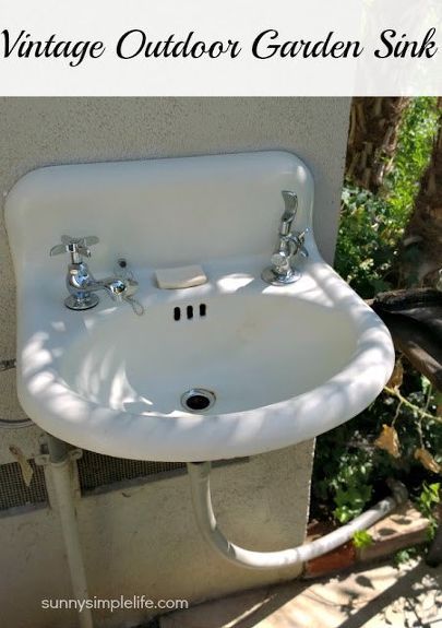 How we installed a vintage 1920s sink in our garden to create an outdoor garden sink for washing up hands and vegetables from the garden. We have always wanted a sink in the garden. With kids, pets, chickens and a vegetable garden we needed to have a place outside to wash up and not track dirt and germs indoors. We had an unused garden spigot and knew this would be the perfect spot. It sits next to hubby's barbecue which is handy too. I will share the simple plumbing required to ins… Outdoor Garden Sink, Outdoor Sink, Garden Sink, Vintage Sink, Old Sink, Outdoor Sinks, Vintage Outdoor, Drinking Fountain, Garden Yard Ideas