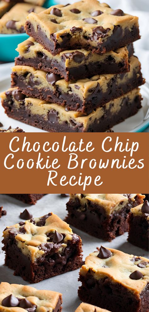 Chocolate Chip Cookie Brownies Recipe | Cheff Recipes Desserts Made With Chocolate Chips, Different Flavored Brownies, Brownies With Chocolate Chip Cookies, Cookie Dough And Brownie Recipes, Chocolate Chip Cookies And Brownies, Chocolate Chip Brownie Recipes, Brownie Sandwich Cookies, Cool Brownie Recipes, Things To Bake With Chocolate Chips