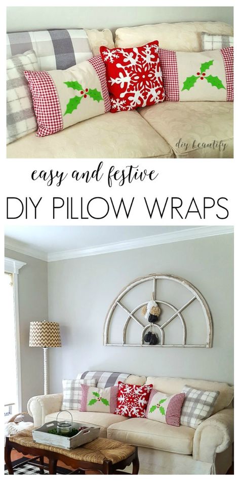 These easy DIY pillow wraps are a great way to temporarily add a festive touch to your existing pillows! The step-by-step tutorial is available at www.diybeautify.com! Pillow Wraps, Christmas Pillows Diy, Diy Pillow, Festival Diy, Bed Plans, Sewing Pillows, Christmas Pillows, Easy Christmas Diy, Baby Diy