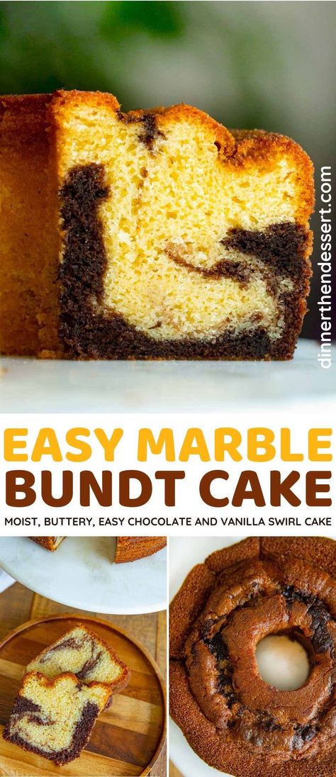 Marble Bundt Cake is an easy homemade chocolate and vanilla swirl cake. Moist, buttery vanilla chocolate cake is a simple and beautiful holiday dessert. #dessert #cake #bundtcake #marblecake #dinnerthendessert