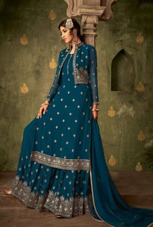 SHARARA SUITS Cyan Wedding, Plazzo Dress, Gharara Suits, Sharara Designs, Ramadan Special, Icon Fashion, Dark Cyan, Gaun Fashion, Sharara Suit