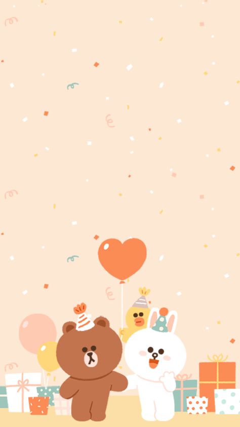 Brown Line Friends, Rilakuma Wallpapers, Ninja Turtle Coloring Pages, Line Wallpaper, Cony Brown, Pastel Iphone Wallpaper, Birthday Wallpaper, Animal Doodles, Birthday Captions