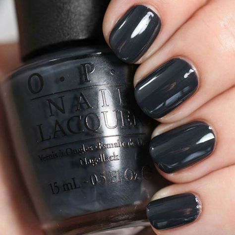 Dark side of the mood - opi nail polish. Fifty shades of grey collection. Opi Dark Gel Polish Colors, Dark Gray Nail Polish, Susie And The Artic Fox Opi, Best Gray Nail Polish Colors, Dark Opi Colors, Opi Dark Gray Nail Polish, Charcoal Nail Polish, Dark Toenail Polish, Opi Gray Nail Polish