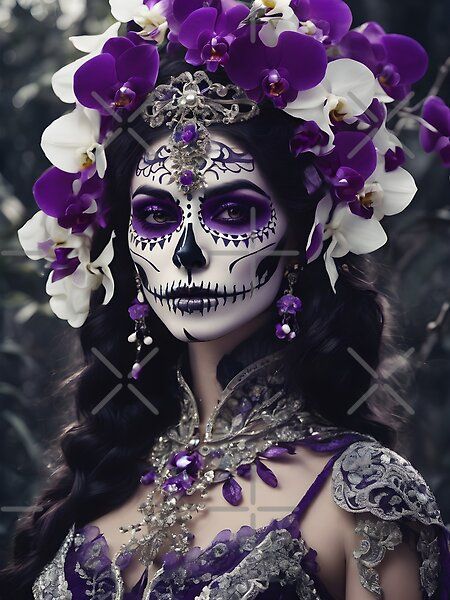 La Catrina, Día de los Muertos de Spooky Witch Dream | Redbubble Dia De Los Muertos Makeup Ideas, Witches Movie, Purple Catrina Makeup, Sugar Skull Art Painting, Catrina Costume, Halloween Sugar Skull, Mexican Halloween, Sugar Skull Costume, Sugar Skull Halloween