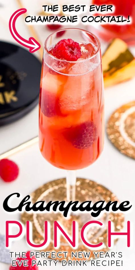 New Year's Eve Champagne Punch is loaded with Triple Sec, blackberry brandy, Chambord, pineapple juice, ginger ale, and champagne for a drink that's sure to be a big hit with all your New Year's Eve party guests! Pink Champagne Punch Recipes, Champagne Punch Bowl, Large Batch Champagne Cocktails, New Years Eve Pitcher Cocktails, Champagne Punch Recipes For A Crowd, New Year’s Eve Punch, New Years Punch Recipes, Champagne Punch For A Crowd, Christmas Champagne Punch