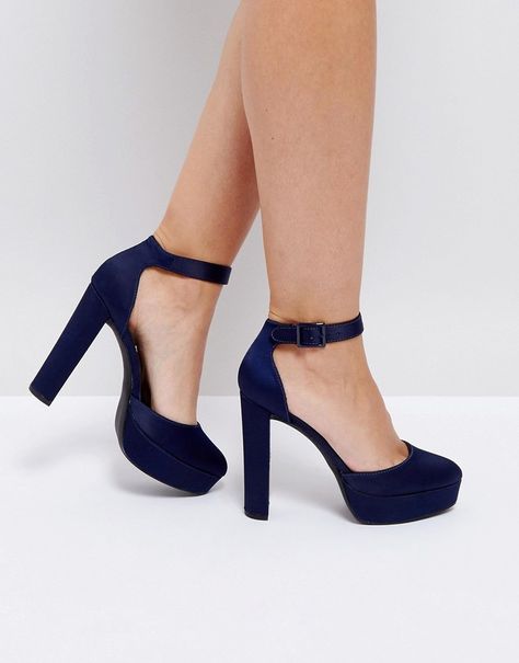 New Look Satin Platform Heeled Shoes Navy Blue Platform Heels, Navy Platform Heels, Blue Prom Heels, Graduation Shoes Heels, Close Toed Heels, Fashion Shoes Heels Classy, Dark Blue Heels, Blue Platform Heels, Prom 23