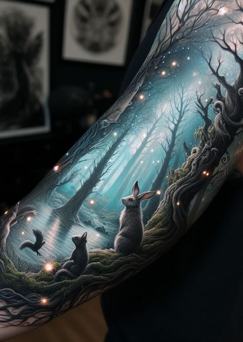 Nature meets artistry! Find inspiration for enchanting hand tattoos that capture the spirit of a magical woodland. #handtattoos #forestattoos #tattoos #pocoko #tattooideas #womentattoos #girltattoos #naturetattoos Fairytale Sleeve Tattoo, Magical Forest Tattoo, Woodland Tattoo Sleeve, Enchanted Forest Tattoo, Tuck Tattoos, Fall Reference, Enchanted Tattoo, Sam Tattoo, Mother Nature Tattoos