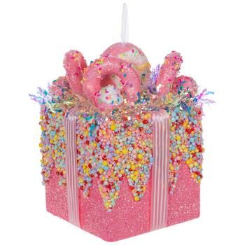 Dimensions: 8.75" H x 7" W x 7" D Material: Foam, Fabric & Plastic Shape: Novelty Color: Pink, White, Iridescent & Yellow Pattern: Stripes Orientation: Vertical Includes: 1 Ribbon Care & Safety: Decorative Use Only Quantity: 1 Make your holiday display look even sweeter with this Sprinkled Gift Box Ornament. This colorful piece is shaped like a gift box, decorated with iridescent confetti and foam sprinkles. Sitting on top of the box is a collection of sweet treats and donuts that will make your Candyland Tree, Meaningful Christmas, Candyland Christmas, Candy Ornaments, Lollipop Candy, Blue Candy, Candy Cane Stripes, Quirky Gifts, Gifts Cards