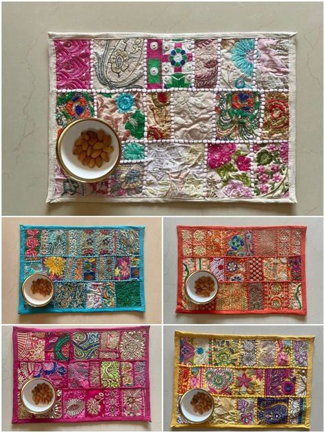 Table Mats Ideas Handmade, Bohemian Table Setting, Corner Stitching, Kitchen Placemats, Bohemian Table, Dining Table Placemats, Boho Patchwork, Butterfly Art Painting, Bohemian Handmade