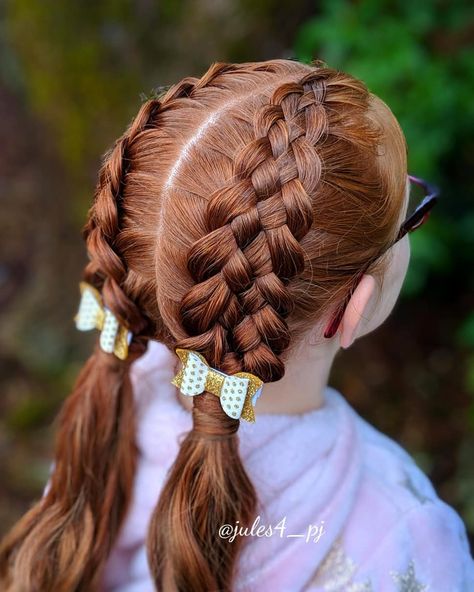 Five stand braid into want pigtails. 5 strand braid. cute girl hairstyles. Beautiful braids. Gorgeous braids. Ginger. Redhead hairstyles. Hair bows. See more styles on Instagram @jules4_pj Red Head Braided Hairstyles, Ginger Bubble Braids, Ginger Ruby Braids, Rope Braid Pigtails, Multi Braid Pigtails, Five Strand Braids, Redhead Hairstyles, 5 Strand Braids, Gorgeous Braids