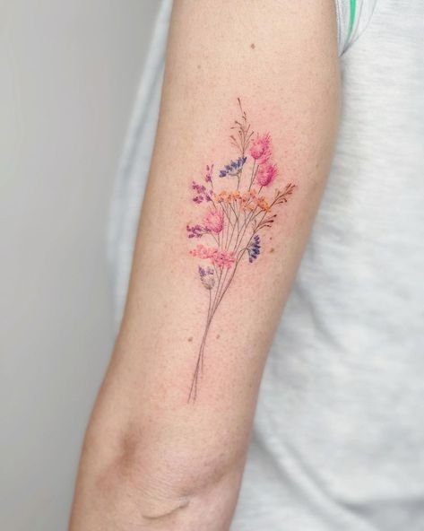 Wild imaginary flowers/ fleurs des champs . Done at @desoleepapa . . . . . #floraltattoo #fleurstattoo #flowertattoo #botanicaltattoo… | Instagram Fine Line Floral Tattoo Color, Fine Line Flower Tattoo With Color, Wild Flower Fine Line Tattoo, Floral Colour Tattoo, Fine Line Tattoo With Color, Color Wildflower Tattoo, Fine Line Color Tattoo, Flower Bouquet Tattoo Color, Dainty Wildflower Tattoo