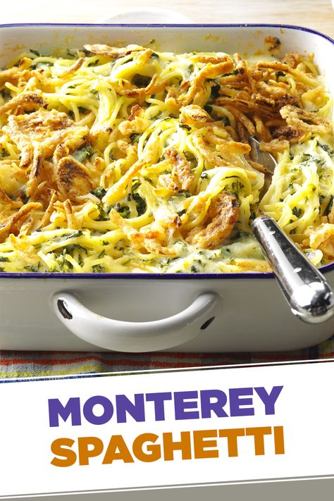 Monterey Spaghetti, Thanksgiving Diner, Spaghetti Casserole Recipe, Spaghetti With Spinach, Vegetarian Casserole, Spaghetti Casserole, French Fried Onions, Best Pasta Recipes, Spaghetti Recipe