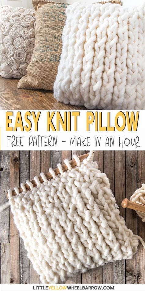 Take a look at this great knitted pillow cover that anyone can make in under an hour. This is an easy knitting pattern that is perfect for the beginning knitter. No difficult stitches, or counting rows! If you can knit and purl you're already there.  This easy knitting project is great to perk up old cushions or even to make as a DIY gift. If you're a new knitter and want a fun yarn project, this knitting pattern is for you! #diy #knitting #pillows #homedecor #pattern #tutorial Knit Pillow Cover, Craft Hacks, Diy Tricotin, Chunky Knit Pillow, Pillow Covers Pattern, Jumbo Yarn, Easy Knitting Projects, Crochet Pillow Pattern, Easy Knit