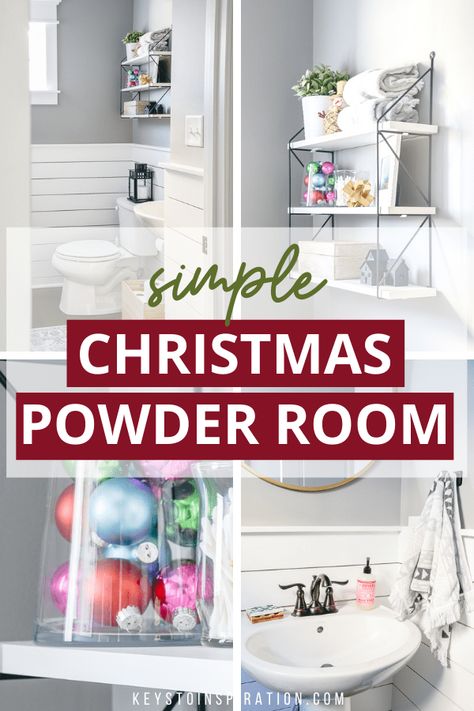 Powder Room Christmas Decor Ideas, Christmas Powder Room Decor, Christmas Half Bath Decor, Christmas Bathroom Shelf Decor, Small Bathroom Christmas Decor Ideas, Half Bath Christmas Decor, Powder Room Christmas Decor, Christmas Powder Room, Christmas Tree 2023 Trends