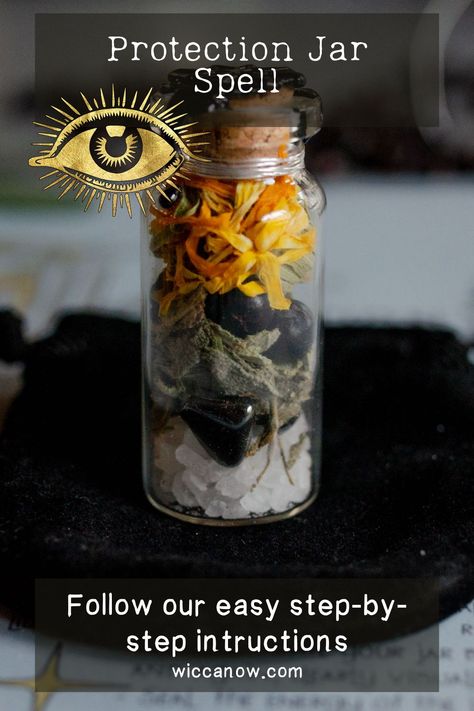 Learn how to create your own ultimate protection jar with our easy to follow spell instructions. We'll teach you everything you need to know about jar spells so you'll be sure to cast a powerful protection spell. #protectionspell #jarspell #witchtips Home Protection Spell Jar Diy, Good Energy Spell Jar, Karma Spell Jar Witchcraft, Powerful Protection Spell Jar, Ancestor Spell Jar, Protection Jar For Car, Happy Home Spell Jar Recipe, Protection Spells Jar Easy, Protection Spell Jar Ingredients