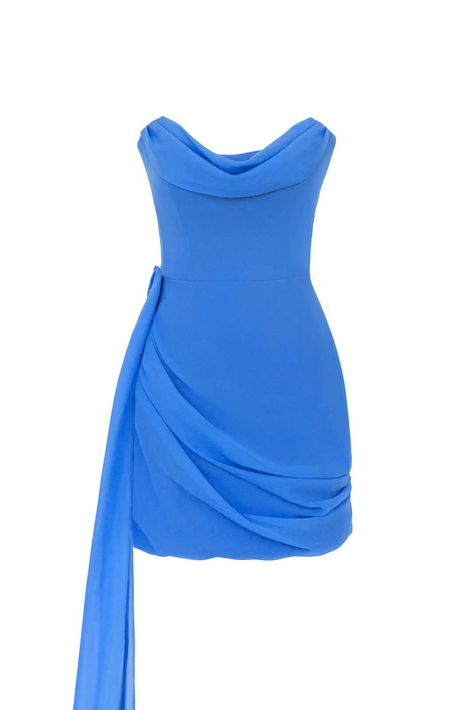 Add some Hollywood Glamour to your wardrobe wearing a Bustier dress in mini length with drapery on the bodice and skirt with a light chiffon train. The inner construction of the bodice has soft cups for extra comfort and support. The train of the dress is removed. Lined. Drapped Short Dress, Cobalt Blue Homecoming Dresses, Short Blue Formal Dress, Revolve Hoco Dresses, Blue Dress On Black Women, Blue Birthday Dress, Soft Blue Dress, Drapery Dress, Blue Party Dresses