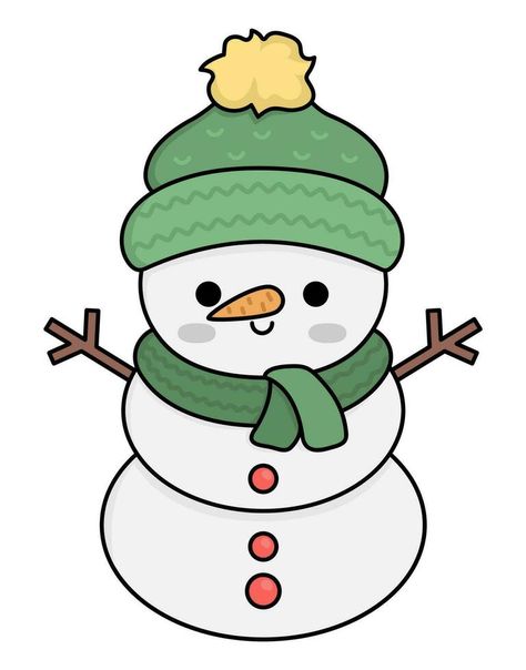 Vector colored kawaii snowman in hat and scarf. Cute Christmas character illustration isolated on white background. New Year or winter smiling snow man. Funny cartoon holiday icon Snowman Illustration Cute, Kawaii Snowman, Background New Year, Holiday Icon, Icon Icon, Hat And Scarf, Christmas Characters, Man Logo, Window Art