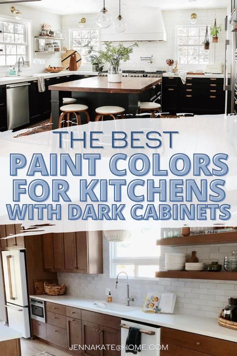 Dark kitchen cabinets are making a comeback, and look amazing in contemporary homes. Finding the perfect paint color to accent your dark cabinets can give you the dramatic effect you’re looking for and create the space you dream of! Kitchen Colors Schemes Dark Cabinets, Kitchen Colors Schemes With Dark Floors, Kitchen Dark Walls Light Cabinets, Paint Colors For Kitchen With Dark Cabinets, Painting Dark Kitchen Cabinets, Dark Cherry Kitchen Cabinets Wall Color, Kitchen With Dark Gray Cabinets, Wall Color With Black Cabinets, Updating Dark Kitchen Cabinets