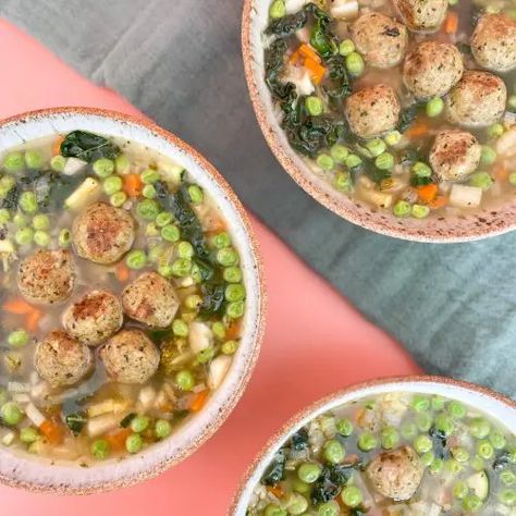 Warm Chicken Meatball & Vegetable Soup - Shayna's Kitchen Meatball Vegetable Soup, Shayna's Kitchen, Thai Vegetables, Pesto Meatballs, Soup Thai, Healing Soup, Chicken Meatball, Pea Pesto, Mini Meatballs