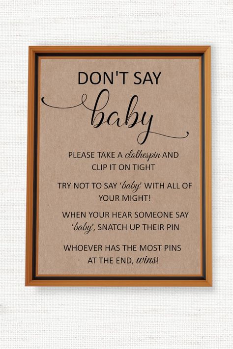 Don't Say Baby Shower Games, rustic don't say baby sign, Don't Say Baby Clothespin Shower Game Table Sign Game Table Sign, Don't Say Baby Game, Clothes Pin Games, Dont Say Baby Game, Who Knows Mommy Best, Baby Bingo, Baby Facts, Baby Shower Brunch, Baby Shower Activities