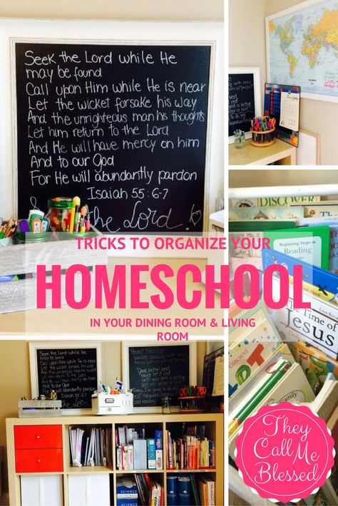 7 Tricks to Organize Your Homeschool in Your Dining Room | They Call Me Blessed Homeschool Room Decor, Homeschool Room Design, Homeschool Room Organization, Movie 43, Homeschool Space, Homeschool Supplies, Homeschool Decor, Homeschool Room, Homeschool Inspiration