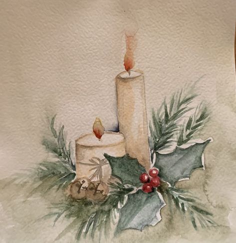 Watercolor Nativity Scene, Hand Painted Christmas Cards Acrylic, Christmas Watercolors, Watercolor Candles, Watercolor Christmas Cards Diy, Painted Christmas Cards, Learn Watercolor Painting, Watercolor Flowers Tutorial, Christmas Artwork