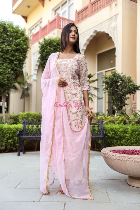 Golden Thread Embroidery, Gulabo Jaipur, Floral Anarkali, Pret Wear, Anarkali Kurtis, Western Glam, Golden Thread, Pink Set, Chiffon Dupatta