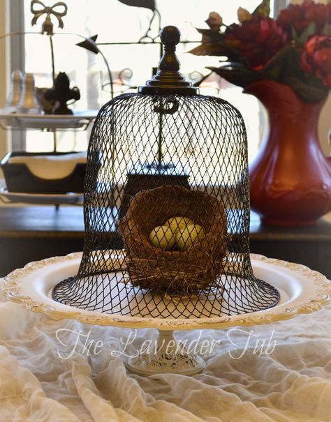 Finding Contentment, Wire Cloche, Cloche Decor, Big Tub, Primitive Bathrooms, Birdcages, Glass Cloche, Dollar Tree Diy Crafts, Topiaries