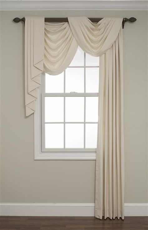 Featuring dramatic layered double swags, side panels, and cascades, Monaco Pole swags make your window a focal point. Gold Curtain Scarf, Swag Curtain Ideas, Unique Window Treatments, Classic Curtains, Window Treatment Ideas, Swag Curtains, Nice Background, Natural Mood, Window Treatments Living Room