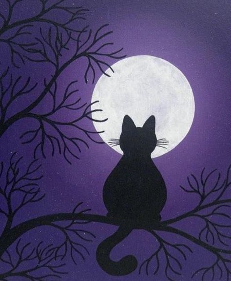 Moonlight Painting, Painting Cat, 강아지 그림, Easy Canvas Art, Image Chat, A Black Cat, Halloween Painting, Night Painting, Cat Painting