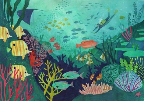 Sea Embroidery, Kids Mural, Aquarium Art, Ocean Illustration, Fish Illustration, Collage Art Mixed Media, Small Canvas Art, Sea Art, Ap Art