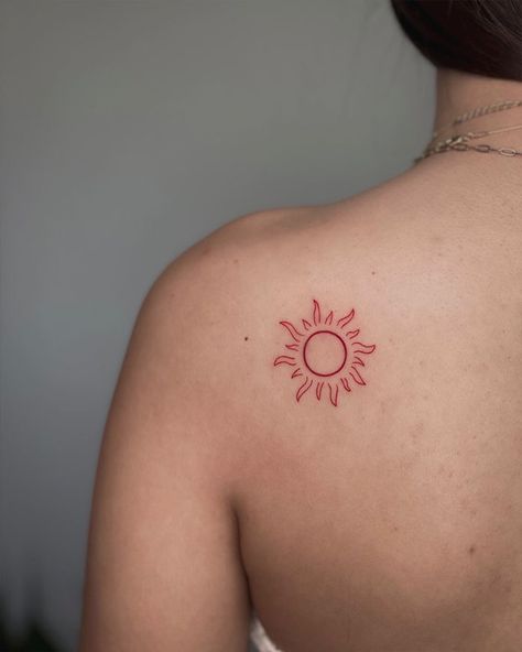 Sun Red Tattoo, Sun Tattoo Black Women, Cute Red Tattoos For Women, Sun Tattoo Black, Red Shoulder Tattoo, Small Red Ink Tattoo Ideas, Red Tattoo Men, Red Sun Tattoo, Red Ink Tattoo Ideas