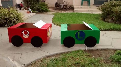 Box cars- for Mario kart costume Mario Cardboard Box Car, Mario Kart Cars Diy, Cardboard Box Mario Kart, Mario Kart Box Car Diy, Mario Kart Box Car, Mario Kart Cardboard Car Diy, Mario Box Car, Mario Kart Cardboard Car, Diy Mario Kart Car