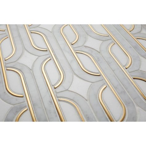 Feast your eyes on the gorgeous Moderne Deco stone mosaic tile, perfect for various parts of the home, whether it be an accent wall or stunning kitchen backsplash. The stone mosaic is brought to life with an Art-Deco-inspired design. A glimmer of metal peeks out from the marble mosaic, creating a simple yet contemporary piece. Art Deco Bathroom Tile, Modern Mosaic Tile, Bar Tile, Mosaic Tile Kitchen, Art Deco Tiles, Gold Tile, Art Deco Bar, Art Deco Bathroom, Stone Mosaic Tile