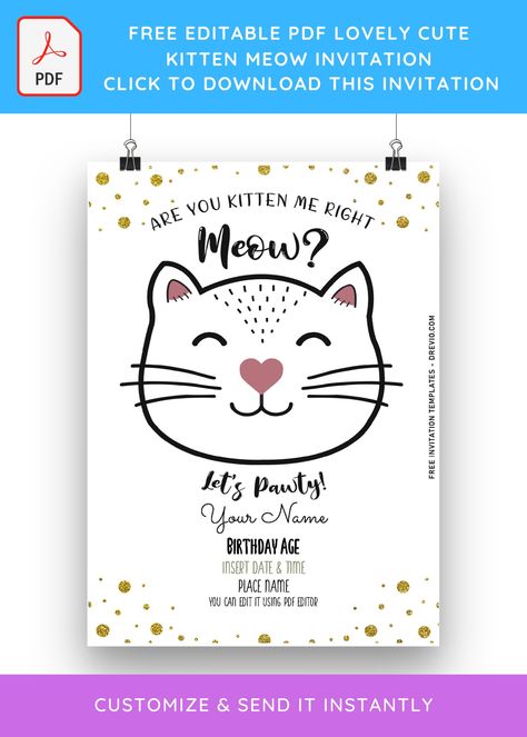 Birthday Invitation Template Free Editable, Cat Birthday Invitations Free Printable, Cat Birthday Party Invitations Free Printable, Cat Party Invitations Free Printable, Cat Invitations Birthday, Kitty Party Invitation Message, Kitty Cat Birthday Invitations, Cat Birthday Party Invitations, Cat Birthday Invitations