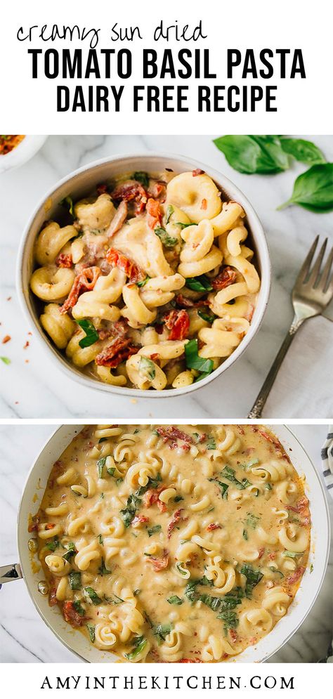 This creamy sun-dried tomato and basil pasta is dairy free and full of bold flavors! You'll love how healthy and easy the sauce is to make. Add protein like chicken or shrimp for a complete meal! Tomato Basil Chicken Pasta, Bacon Tomato Pasta, Sundried Tomato Recipes, Spinach Tomato Pasta, Dairy Free Pasta Recipes, Chicken Mushroom Pasta, Spinach Pasta Recipes, Tomato Basil Chicken, Dairy Free Sauces