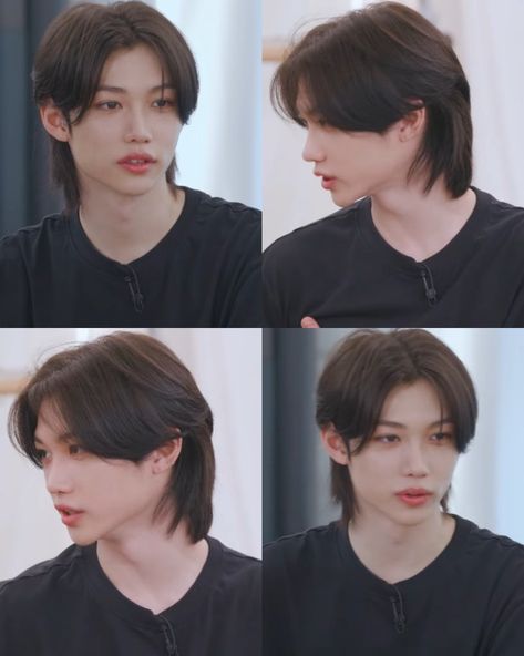 Felix Mullet Haircut, Kpop Mullet Hairstyle, Wolfcut Middle Part, Felix Wolfcut, Kpop Mullet, Felix Mullet, Mullet Middle Part, Felix Haircut, Haircut For Kids