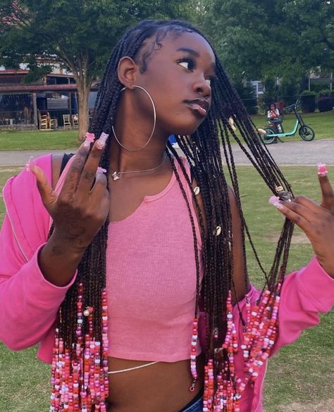 Poc Hairstyles Braids, Black Braids With Pink Beads, Long Box Braids With Beads At The End, Protective Hairstyles With Beads, Pink Beads Braids, Medium Length Braids With Beads, Hair In The 80s, Hairstyle With Beads, Y2k Hairstyles Black Women