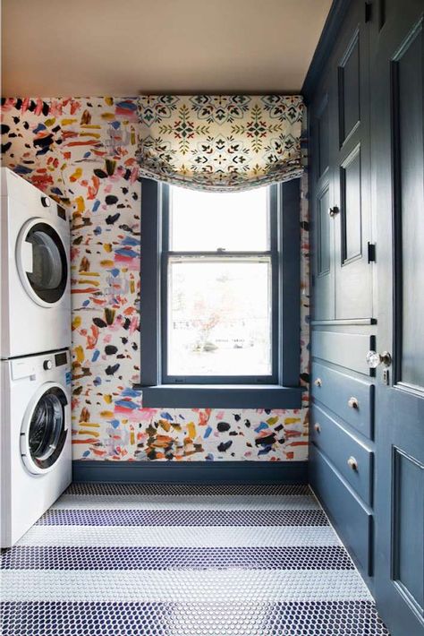 Colorful Mudroom, Laundry Room Floor, Mudroom Ideas, Laundry Room Flooring, Show House, Penny Tile, Artistic Tile, Custom Benches, Laundry Mud Room