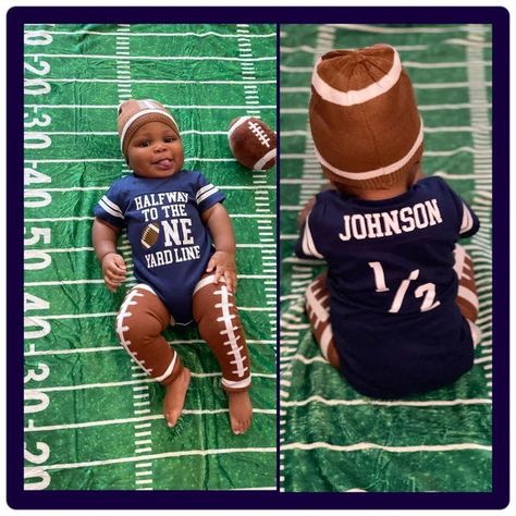 Football Half Birthday, Half Birthday Ideas For Boys, 1/2 Birthday, Half Birthday Baby Boy, Milestone Photoshoot, Milestone Ideas, Football Theme Birthday, Half Birthday Baby, Baby Boy Football