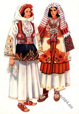 Serbian national costumes from Kosovo, Peć. Serbian Clothing, Serbian Women, European Costumes, Costumes Around The World, National Dress, Folk Dresses, Folk Embroidery, Ethnic Dress, Historical Costume