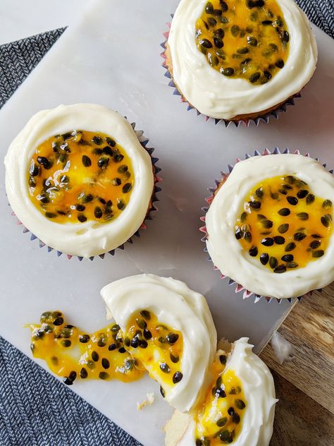 Passion Fruit & Vanilla Cheesecake Cupcakes - My Gluten Free Guide Passion Fruit Aesthetic, Gf Treats, Smooth Icing, Vanilla Cream Cheese, Fruit Cupcakes, Vanilla Cream Cheese Frosting, Gluten Free Guide, Trifle Pudding, Vanilla Cheesecake