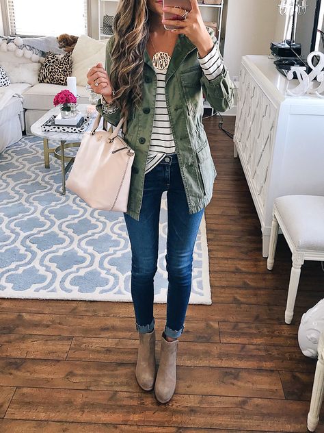 cargo jacket, striped top, AG jeans, booties. all from the Nordstrom Anniversary Sale Southern Curls And Pearls, Ținută Casual, Cute Fall Outfits, Fall Fashion Outfits, Casual Fall Outfits, Fashion 2017, Mode Style, Green Jacket, Fall Winter Outfits