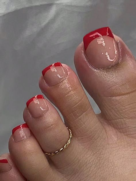 Multicolor  Collar   Colorblock Bare Nails Embellished   Nail,Hand & Foot Care Red And Silver Pedicure, Red Tip Toe Nails, Red French Toe Nails, Red French Pedicure, Red French Tip Nails Toes, Red French Tip Pedicure, Red French Tip Toe Nails, Dark Red Toe Nails, Red Acrylic Toes