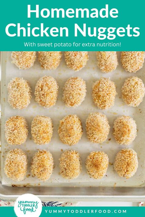 Healthy Homemade Chicken Nuggets (with Sweet Potato) Healthy Homemade Chicken Nuggets, Easy Toddler Dinner, Veggie Chicken Nuggets, Healthy Chicken Nuggets, Homemade Chicken Nuggets, Toddler Dinner, Cubed Sweet Potatoes, Nuggets Recipe, Weaning Recipes