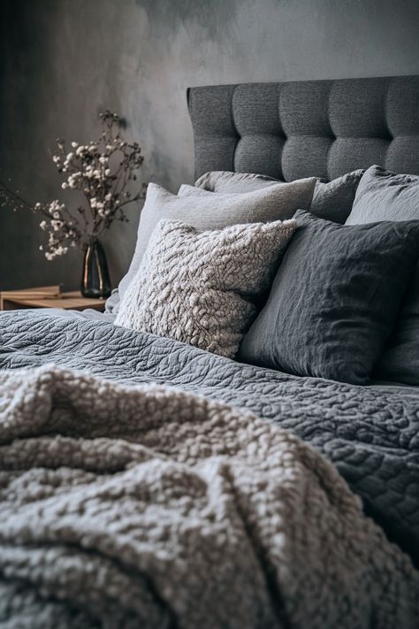 ✨ 15 Stunning Grey Headboards You’ll Fall in Love With! 💖 - Bed Frame Decor, Warm Grey Bedroom, Gray Headboard Bedroom, Gray Headboard Bedroom Decor, Gray Fabric Headboard, Grey Headboard Bedroom, Art Deco Headboard, Grey Upholstered Bed, Gray Upholstered Headboard