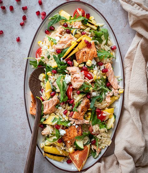 Grilled Mango Orzo Salad with Orange Ginger Salmon | Heinen's Grocery Store Orange Ginger Salmon, Salmon Mango, Grilled Mango, Salad Base, Ginger Salmon, Basting Sauce, Fruit Mango, How To Cook Orzo, Mixed Grill