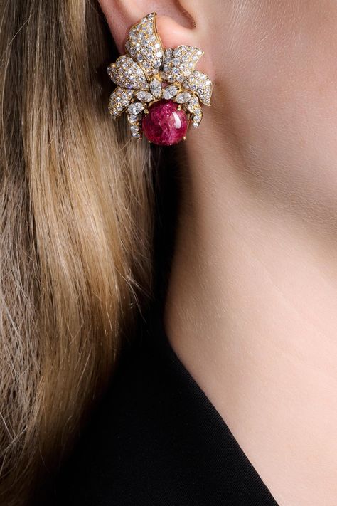 Pair of ruby and diamond ear clips | Important Jewels | 2023 | Sotheby's Sothebys Jewelry, Cabochon Ruby, Ear Clips, Classic Earrings, Diamond Hoop Earrings, Ruby Ring, A Lady, Jewelry Patterns, Silver Jewellery